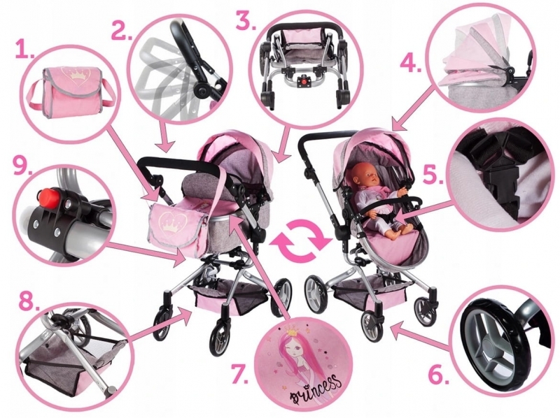 Wózek spacerowy głęboki Spacerówka Gondola 2w1 Różowy #G2 - obrazek 4