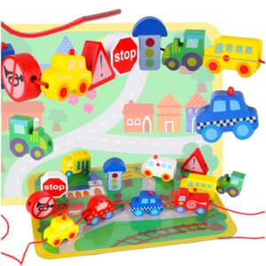 Klocki drewniane do nawlekania tablica plansza samochody pojazdy