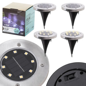 Lampy ogrodowe solarne najazdowe gruntowe czujnik zmierzchu wbijane świecący dysk 8LED 4szt. zimny biały