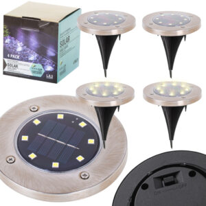 Lampy ogrodowe solarne najazdowe gruntowe czujnik zmierzchu wbijane świecący dysk 8LED 4szt. ciepły biały