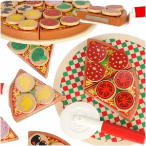 Pizza drewniany zestaw do zabawy na rzep  akcesoria łopatka nóż talerz nauka krojenia 20cm