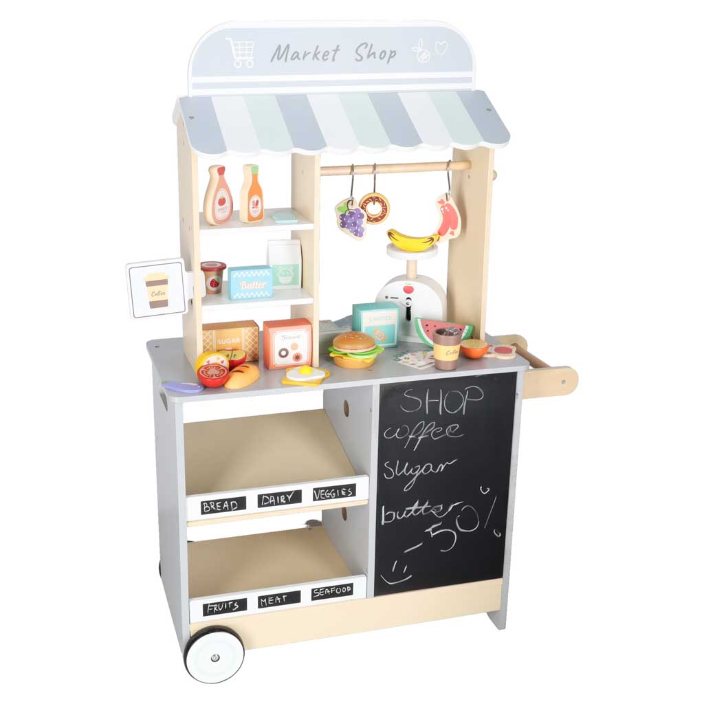 Sklep market drewniany stragan food truck z kostkarką do lodu na kółkach - obrazek 25