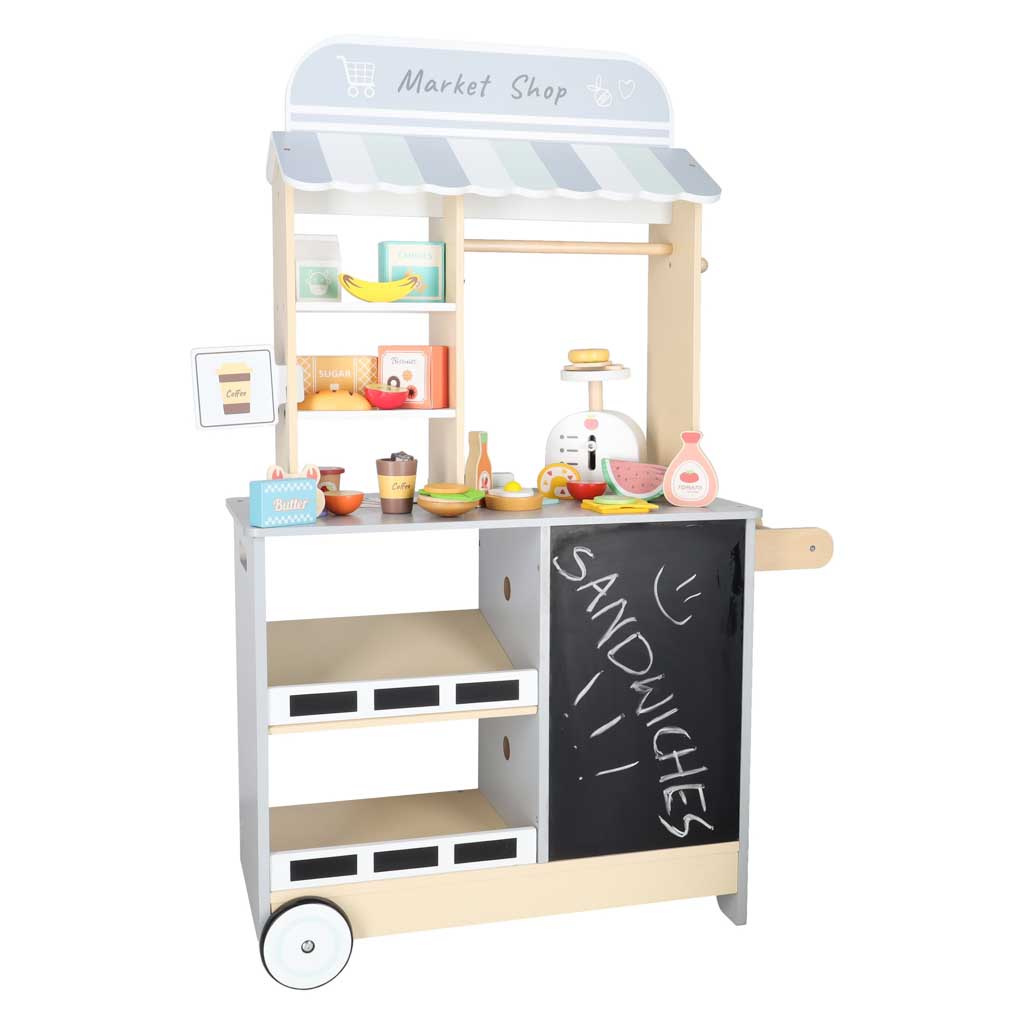 Sklep market drewniany stragan food truck z kostkarką do lodu na kółkach - obrazek 23
