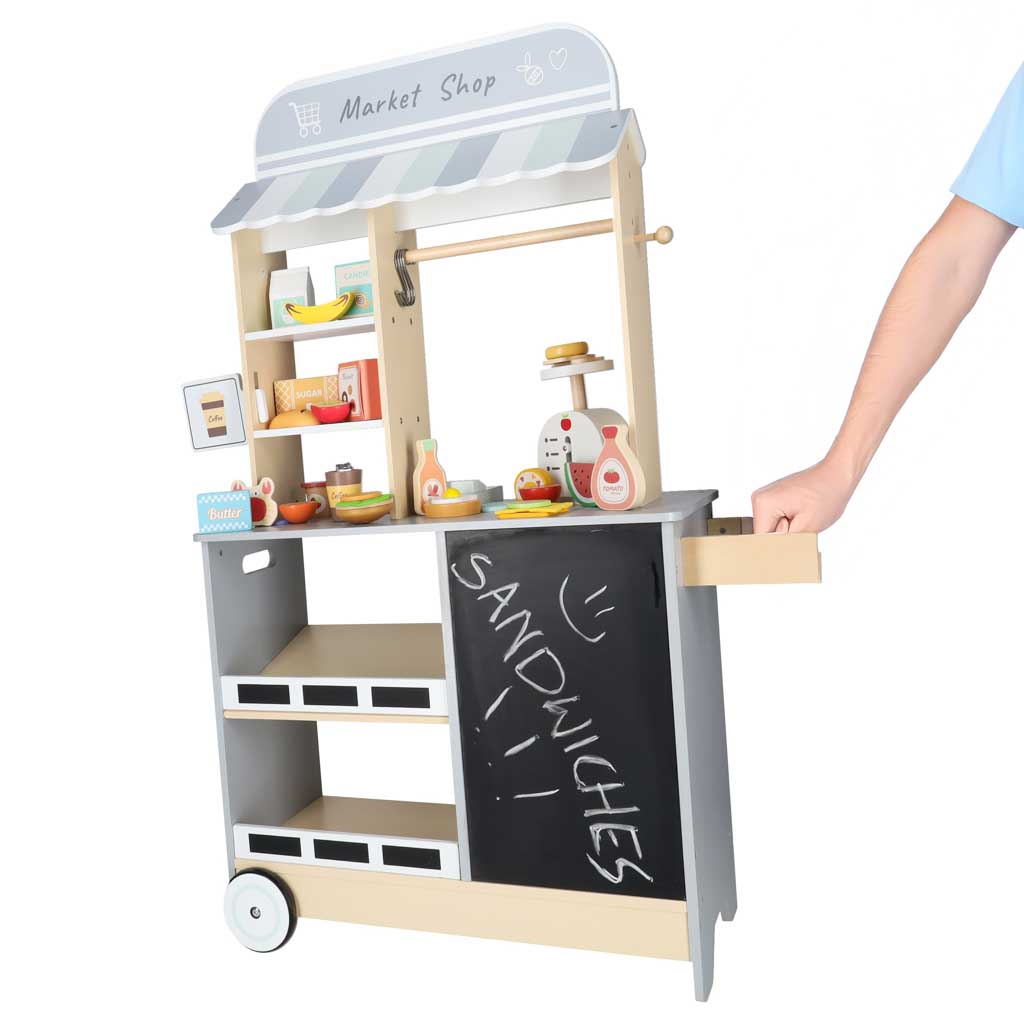 Sklep market drewniany stragan food truck z kostkarką do lodu na kółkach - obrazek 22