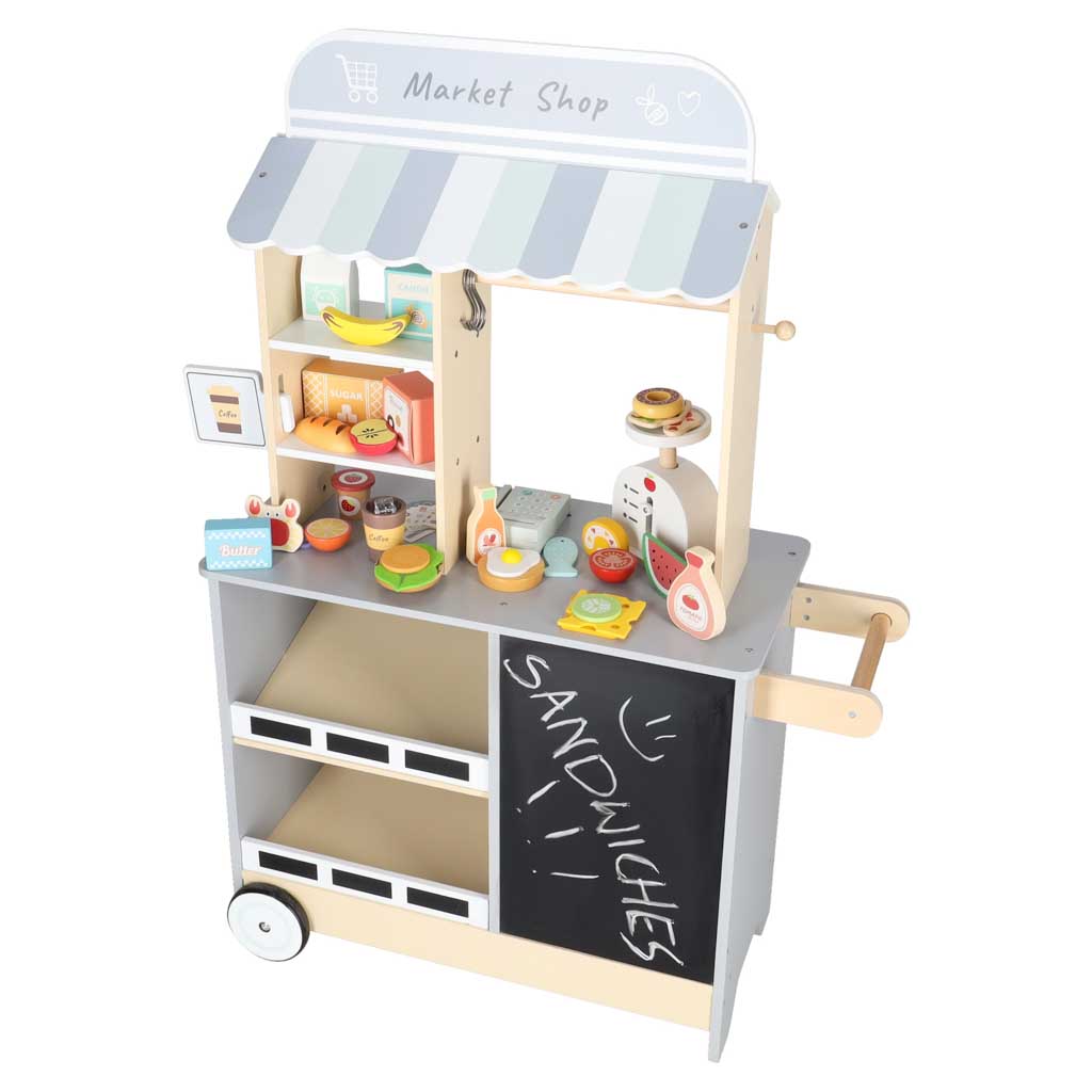 Sklep market drewniany stragan food truck z kostkarką do lodu na kółkach - obrazek 21