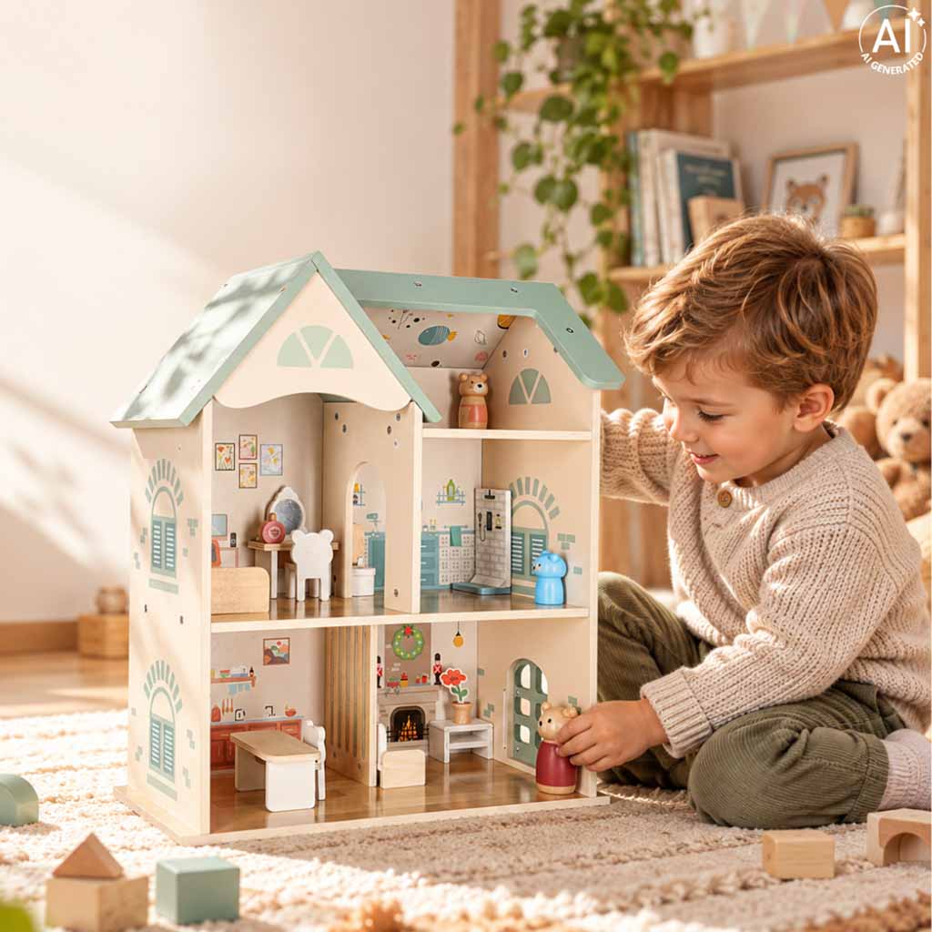 Domek dla lalek drewniany LULILO mebelki figurki 56cm miętowy - obrazek 13