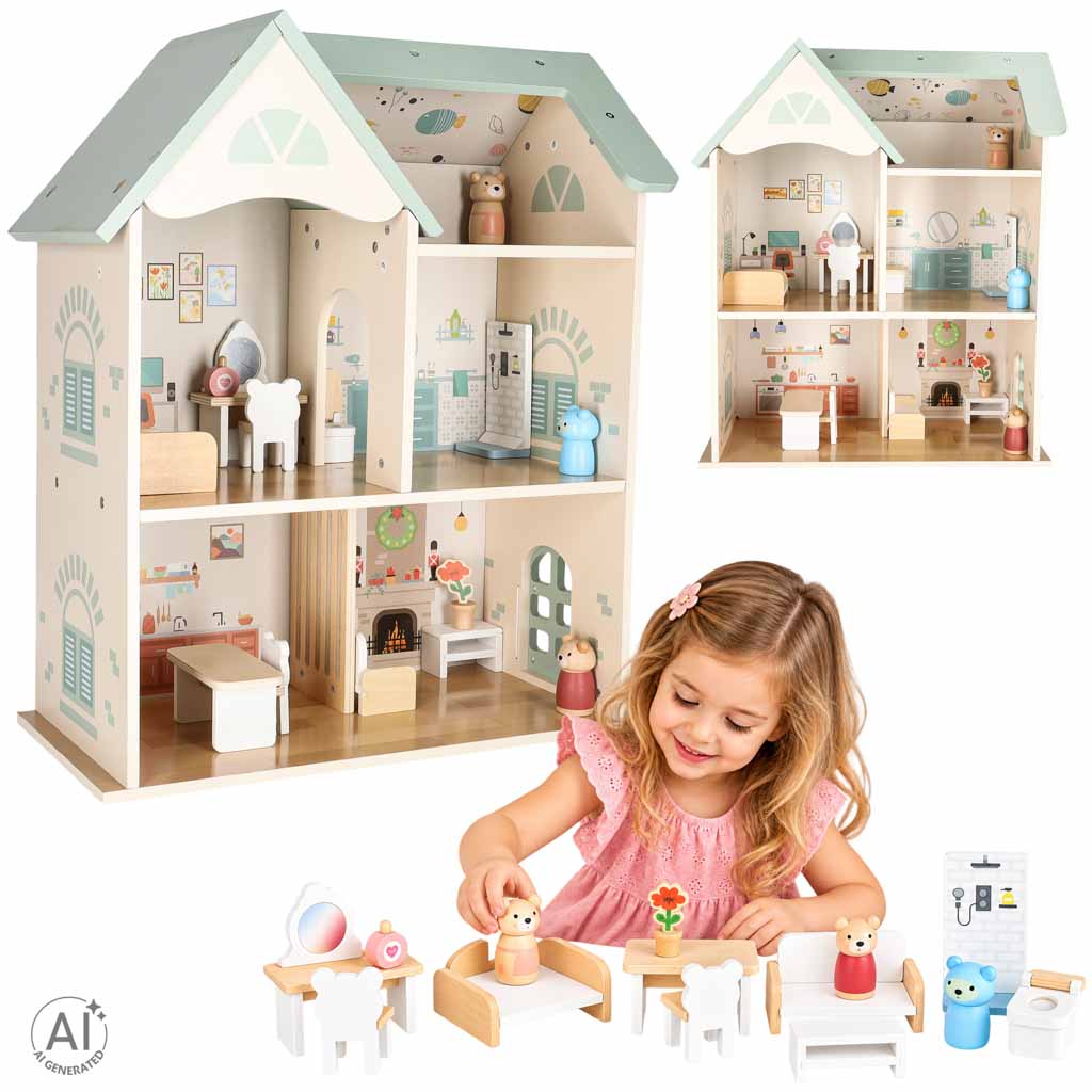 Domek dla lalek drewniany LULILO mebelki figurki 56cm miętowy - obrazek 15